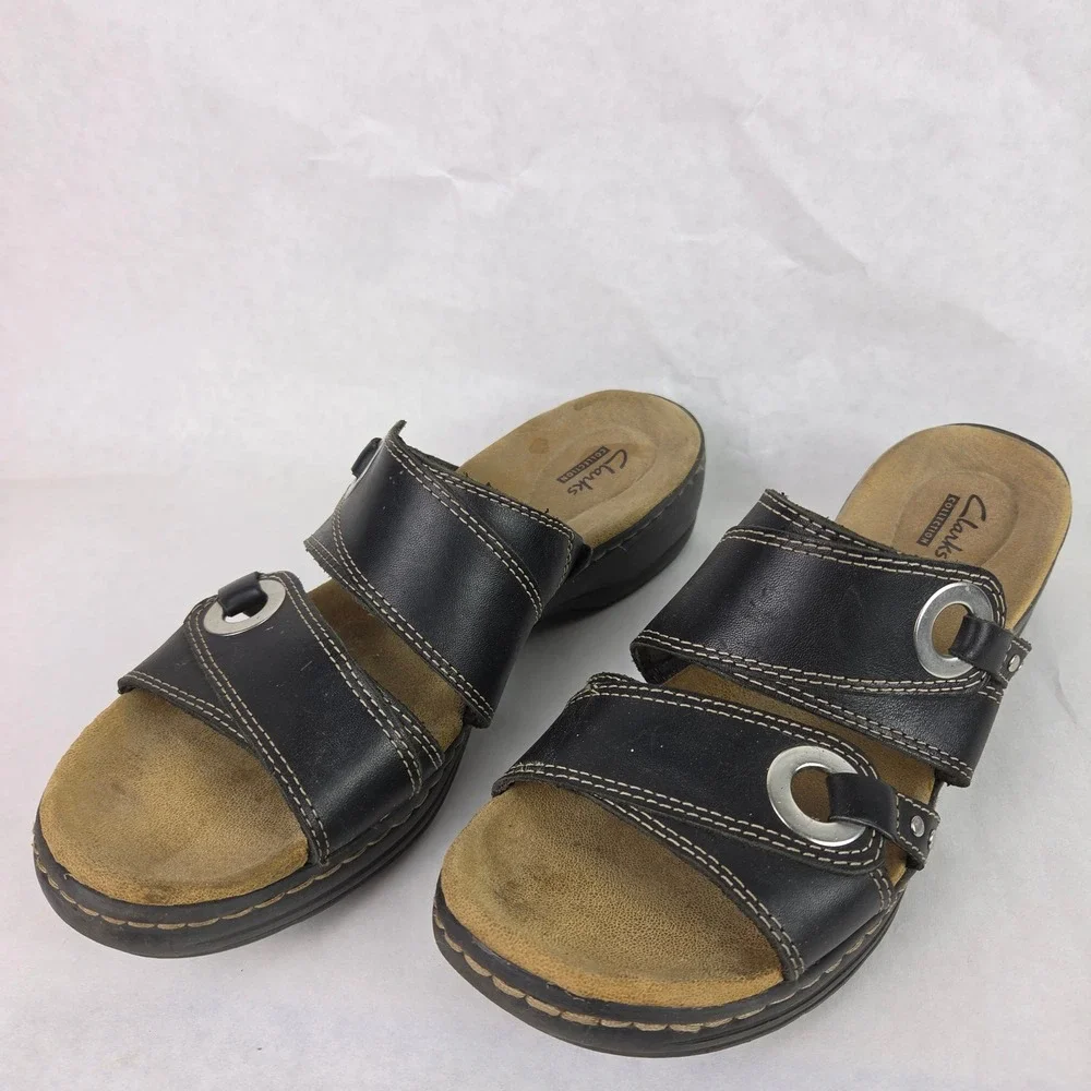 Clarks Collection Lexi Willow Black Slide Slip On Summer Sandals Wedge Casual